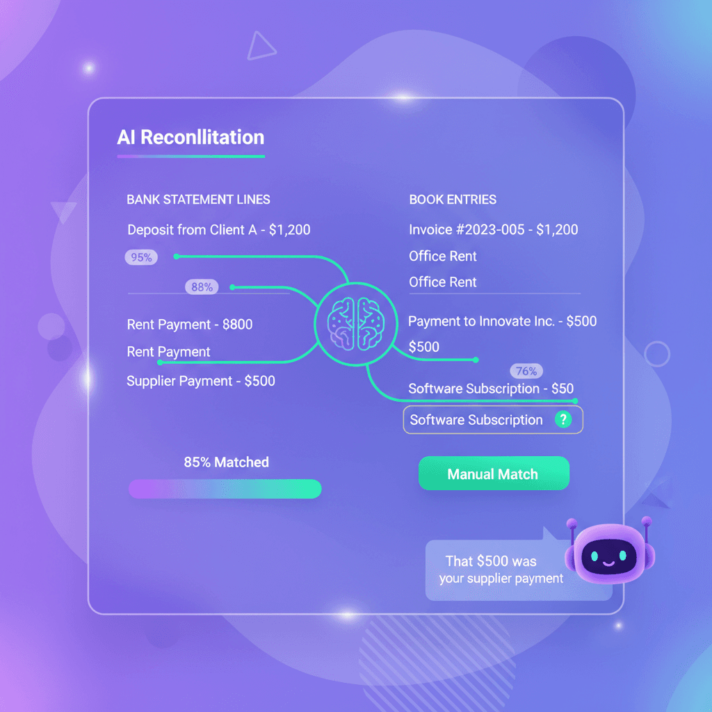 AI-powered bank reconciliation with matching panel showing confidence scores