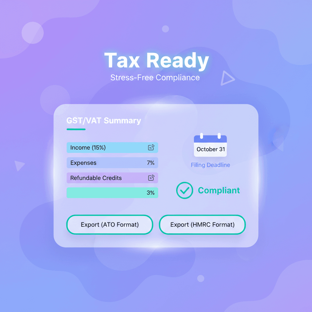Tax report showing categorized transactions and summary