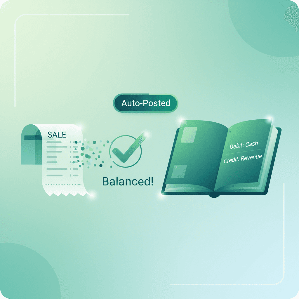 Accounting dashboard showing GL summary, recent entries, and quick reports
