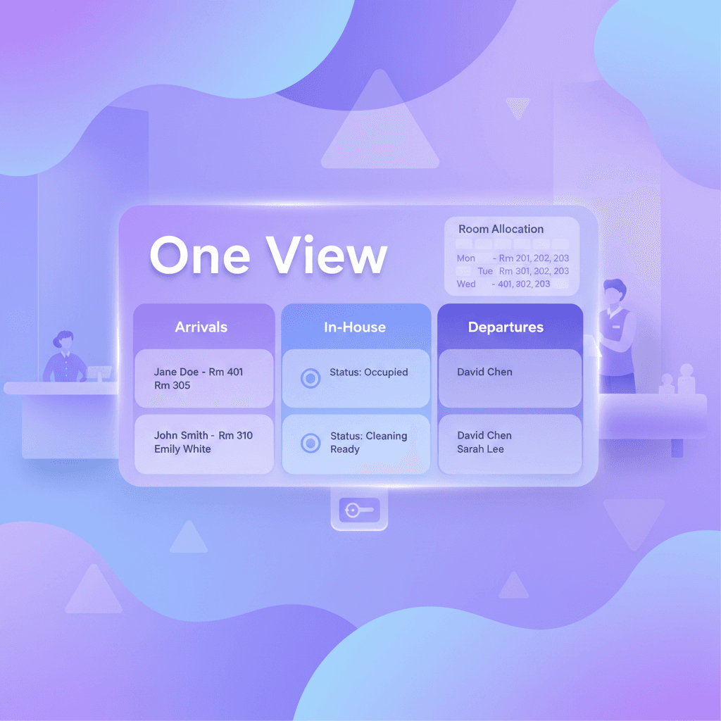 Front desk view: Arrivals, In-House, Departures and room allocations